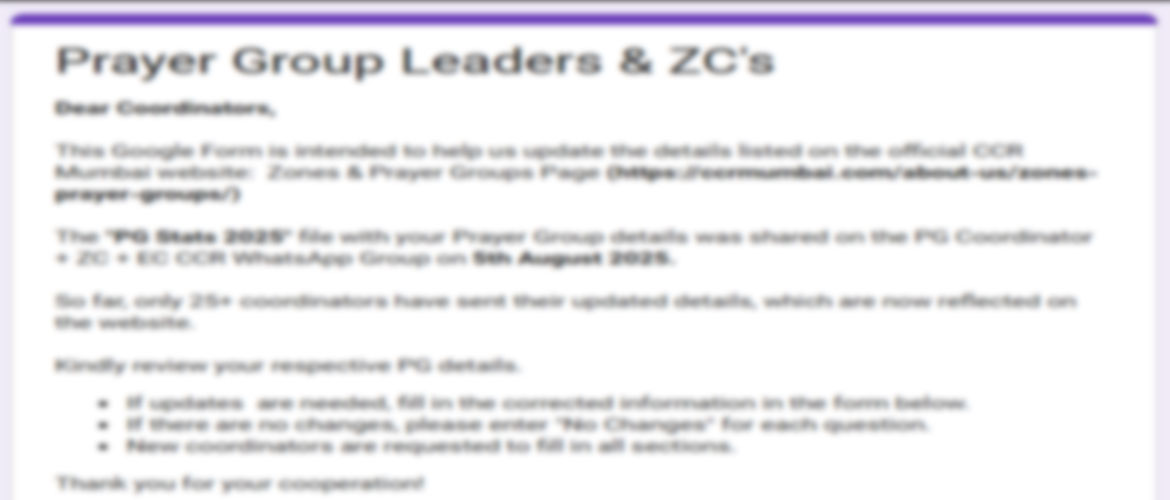 Prayer Group Leaders & ZC’s Update Form